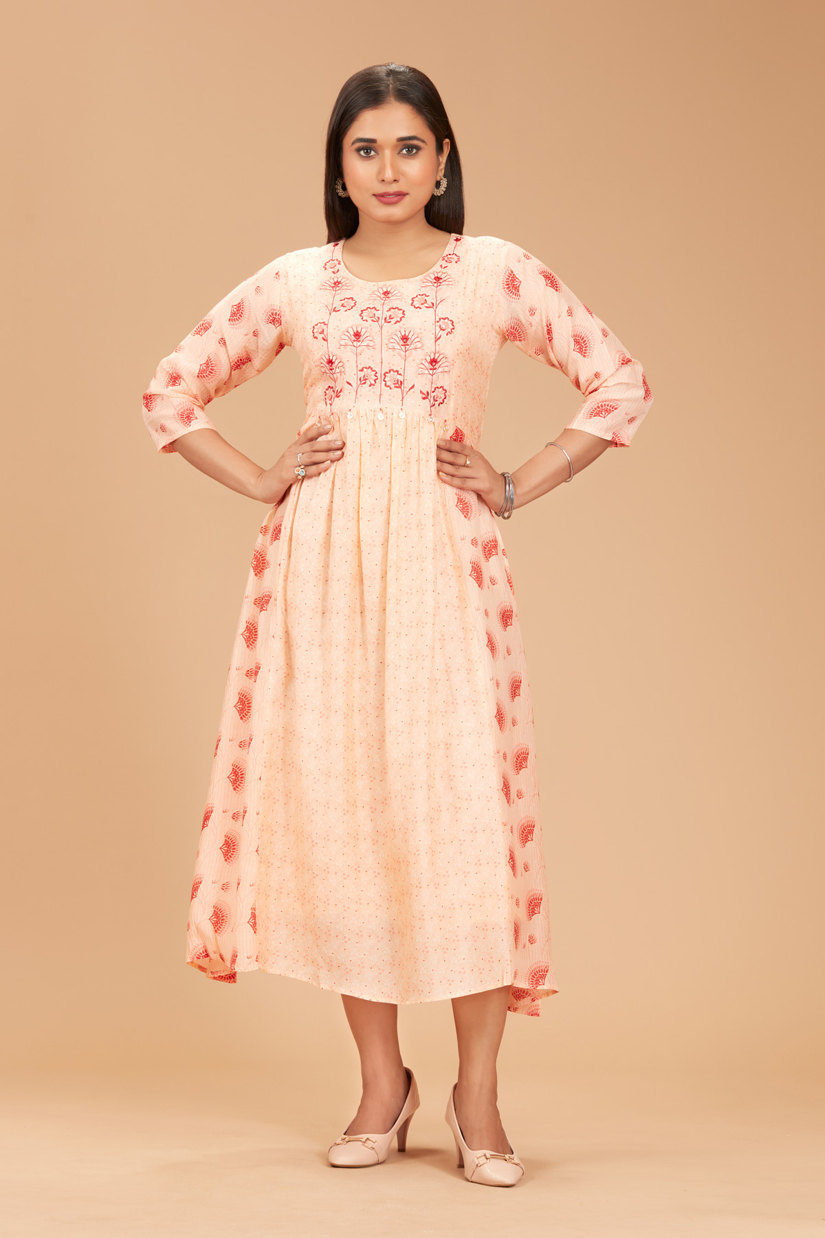 Peach Printed Flair Dress